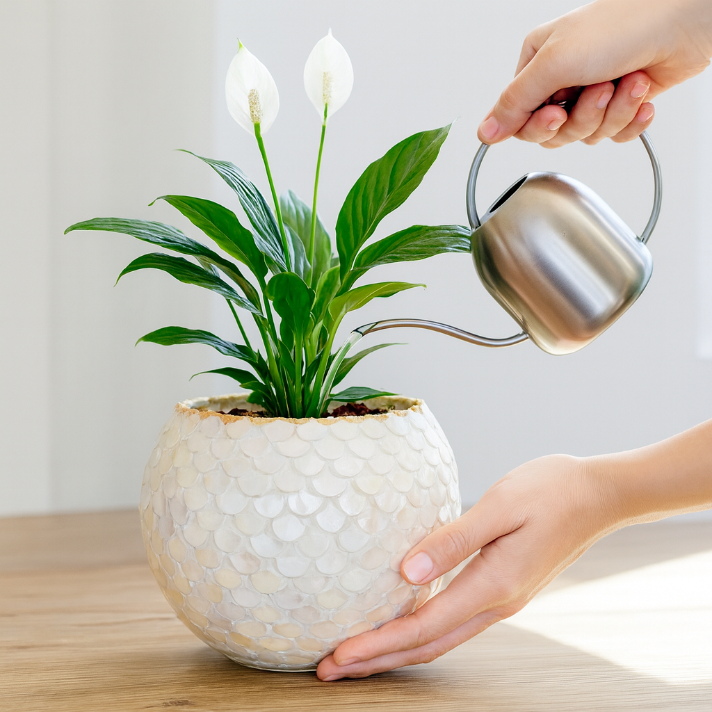 Artisan mother of pearl scalloped globe planter with intricate shell pattern and rounded shape.