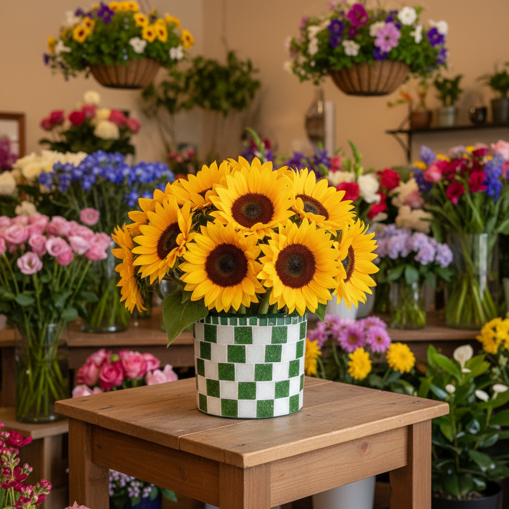 Modern green and white checkerboard mosaic herb planter with square design, ideal for indoor or outdoor gardening.