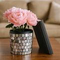 Luminous smoky pearl mosaic vase with intricate glass tile pattern, showcasing a stylish and elegant decorative piece.