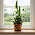 Colorful bouquet in a rainbow mosaic hexagon planter, showcasing vibrant flowers and unique geometric design.