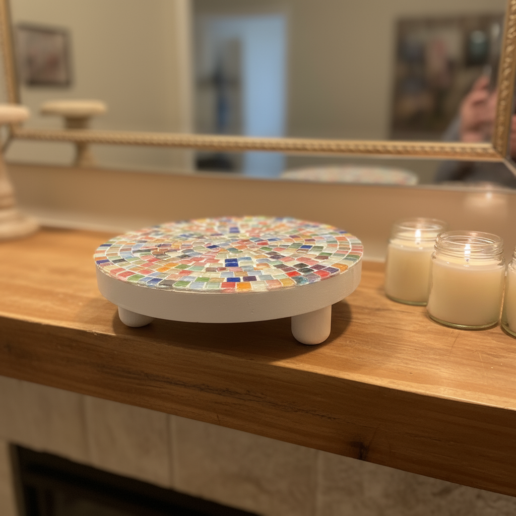 Handcrafted white rainbow mosaic plant stand with colorful tile design, perfect for displaying potted plants.