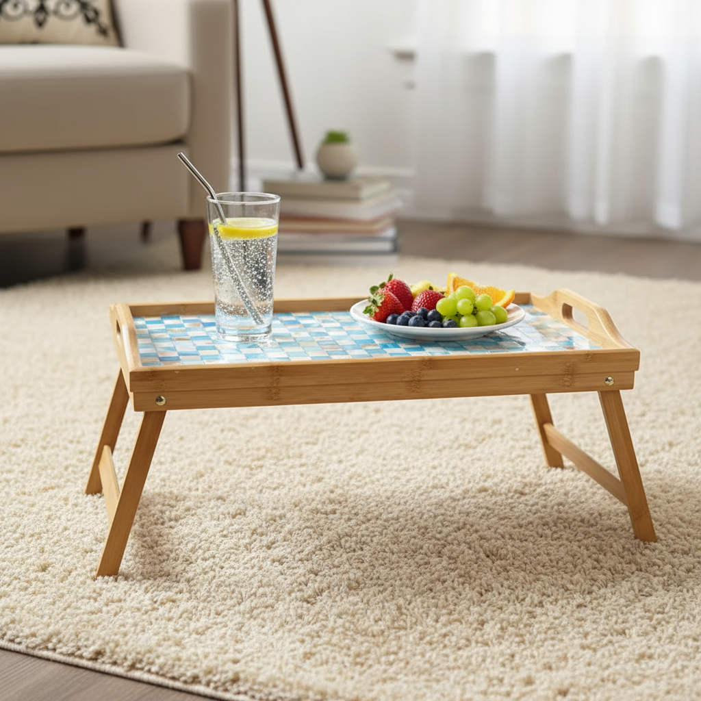 Luxury bamboo bed tray with intricate mosaic inlay, showcasing a stylish and functional design for breakfast or serving.