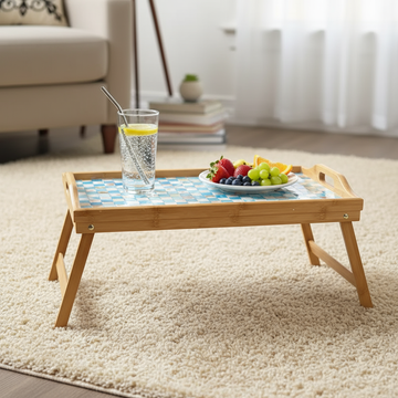 Luxury bamboo bed tray with intricate mosaic inlay, showcasing a stylish and functional design for breakfast or serving.