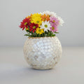 Iridescent white scalloped mosaic bowl with handcrafted design, featuring shimmering mosaic tiles and decorative edges.