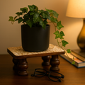 Vintage hand-carved wooden pedestal stand with intricate carvings, perfect for displaying decorative items or artwork.