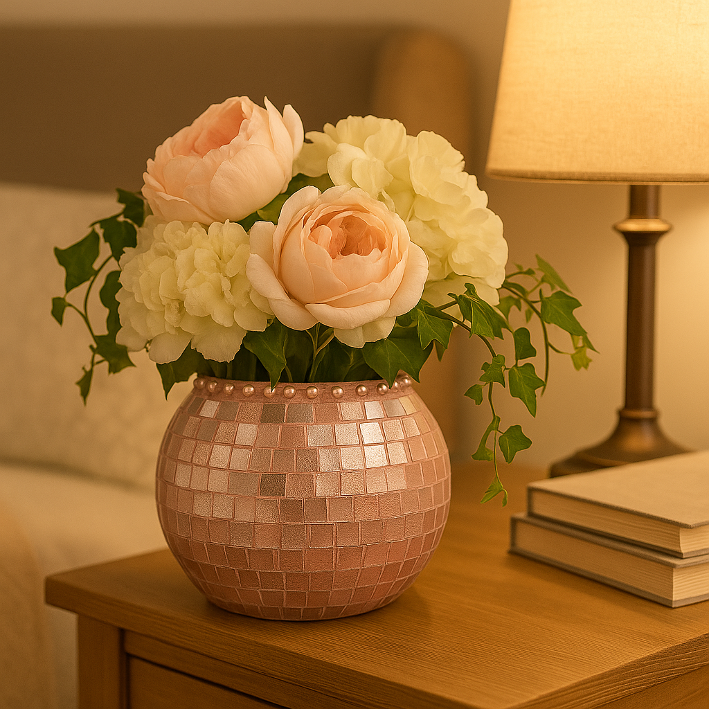 Artisan mauve mosaic globe vase by Miss Bette's Creations featuring intricate mosaic patterns and a rounded shape.