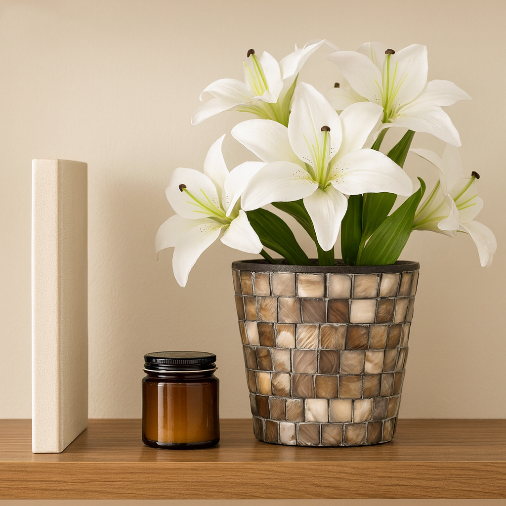 Handcrafted bronze and pearl mosaic planter with intricate design, perfect for indoor or outdoor plant display.