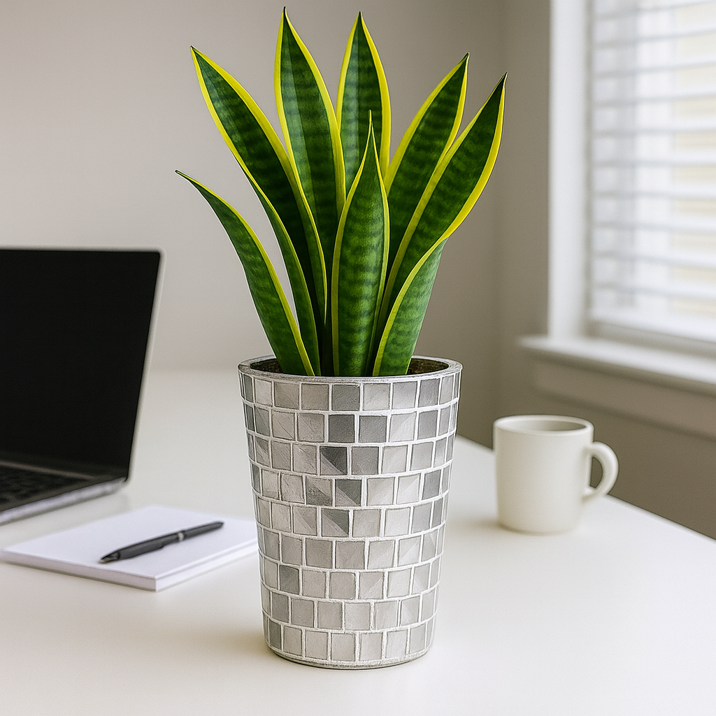 Artificial snake plant in silver mosaic planter by Miss Bette's Creations, showcasing green, leafy faux foliage in a decorative container.