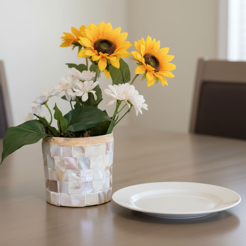Handcrafted Mother of Pearl mosaic planter by Miss Bette's Creations with intricate pearl tile design and rustic wooden base.