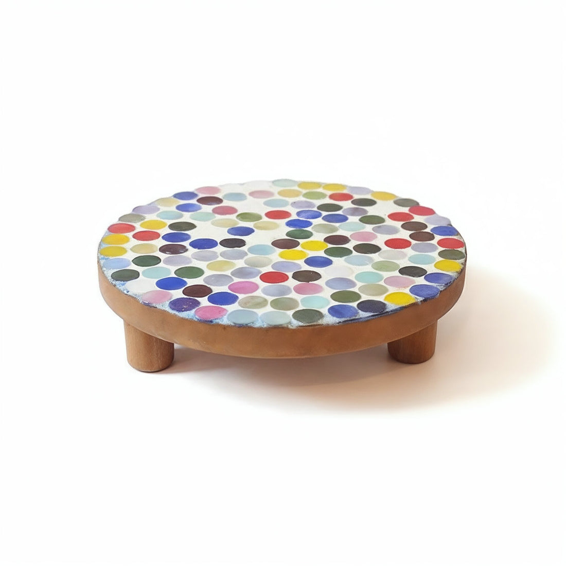 Handcrafted polka dot rainbow mosaic plant stand by Miss Bette's Creations, featuring colorful tiled design and sturdy structure.