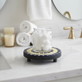 Handmade cobalt blue and yellow mosaic plant stand with intricate tile design, perfect for indoor or outdoor decor.