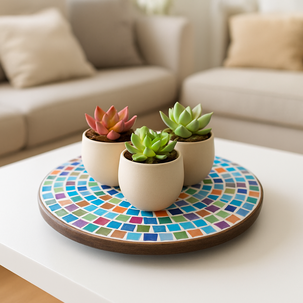 Handcrafted round rainbow mosaic plant stand with colorful tile pattern, perfect for indoor or outdoor flower displays.