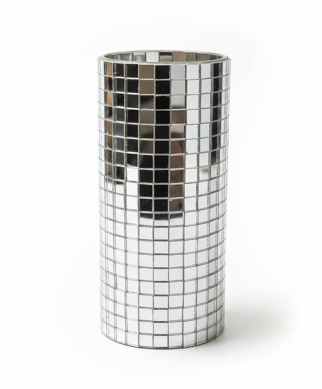 Silver mosaic mirror vase and candle holder with intricate tile patterns, showcasing elegant craftsmanship and reflective surface.