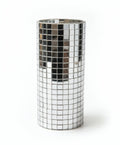 Silver mosaic mirror vase and candle holder with intricate tile patterns, showcasing elegant craftsmanship and reflective surface.
