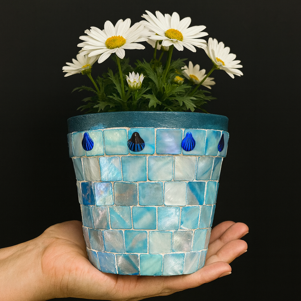 Artisan teal mosaic mother of pearl planter by Miss Bette's Creations with intricate mosaic design and glossy finish.