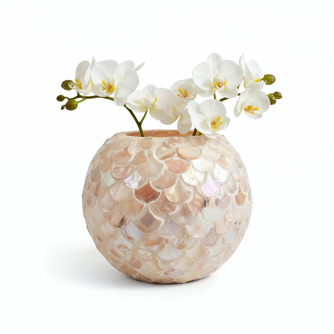 Handcrafted scalloped Capiz-style mosaic bowl with iridescent shell pattern, showcasing intricate design and shimmering surface.
