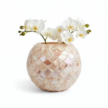 Handcrafted scalloped Capiz-style mosaic bowl with iridescent shell pattern, showcasing intricate design and shimmering surface.