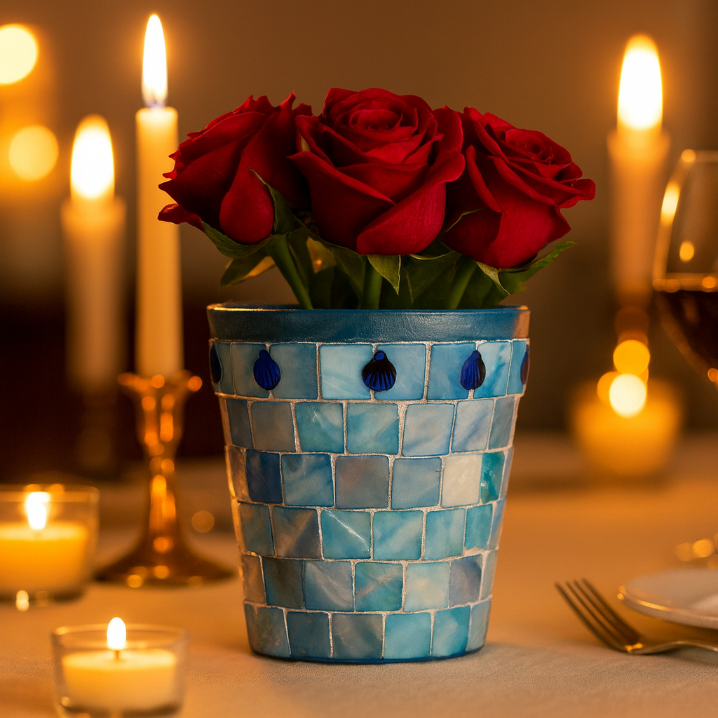 Artisan teal mosaic planter with mother of pearl accents by Miss Bette's Creations, showcasing a handcrafted decorative flower pot.