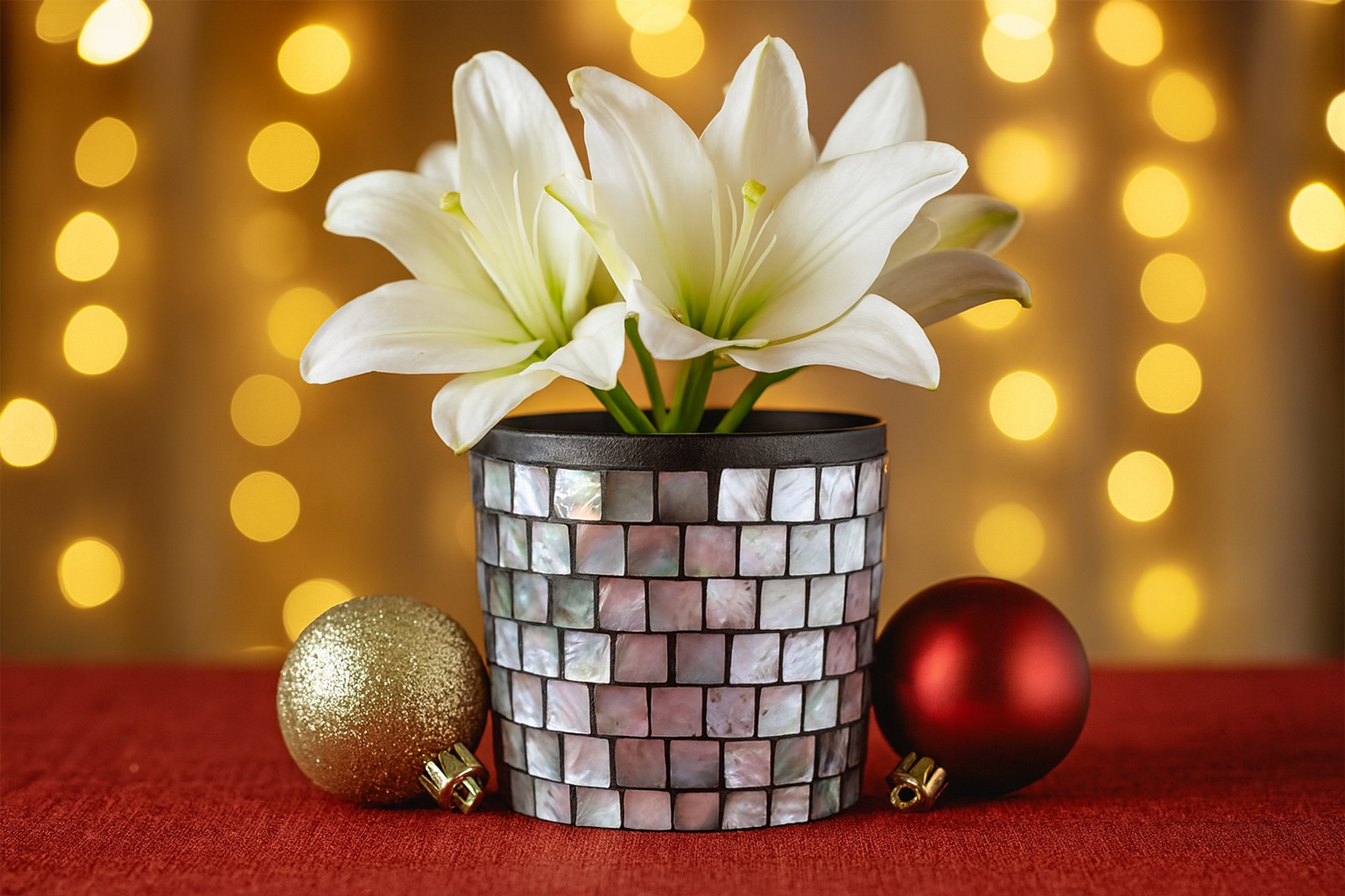 Luminous smoky pearl mosaic vase with a glossy finish and intricate mosaic pattern, ideal for elegant home decor.