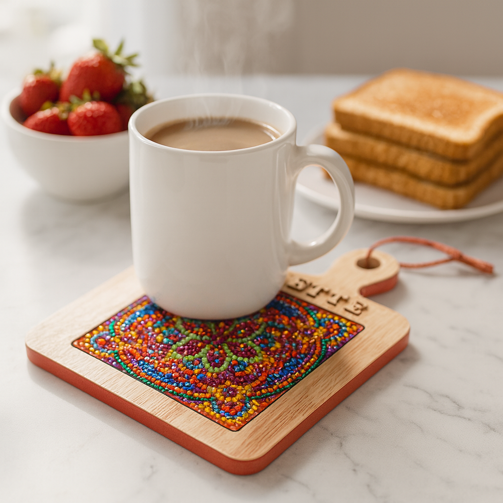 Handcrafted diamond art wood cutting board with intricate design, featuring smooth surface and natural wood finish.