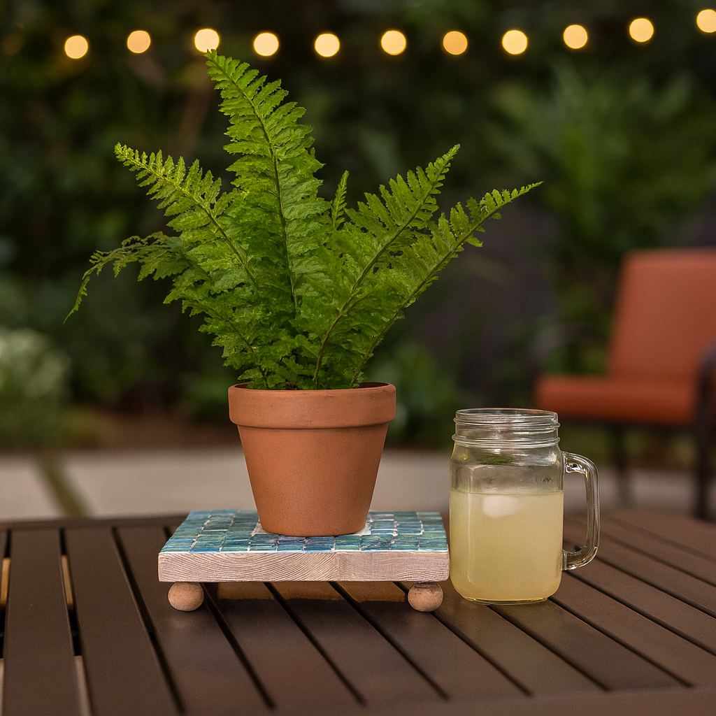 Square turquoise handcrafted plant stand with sturdy legs, ideal for displaying potted plants in indoor or outdoor spaces.