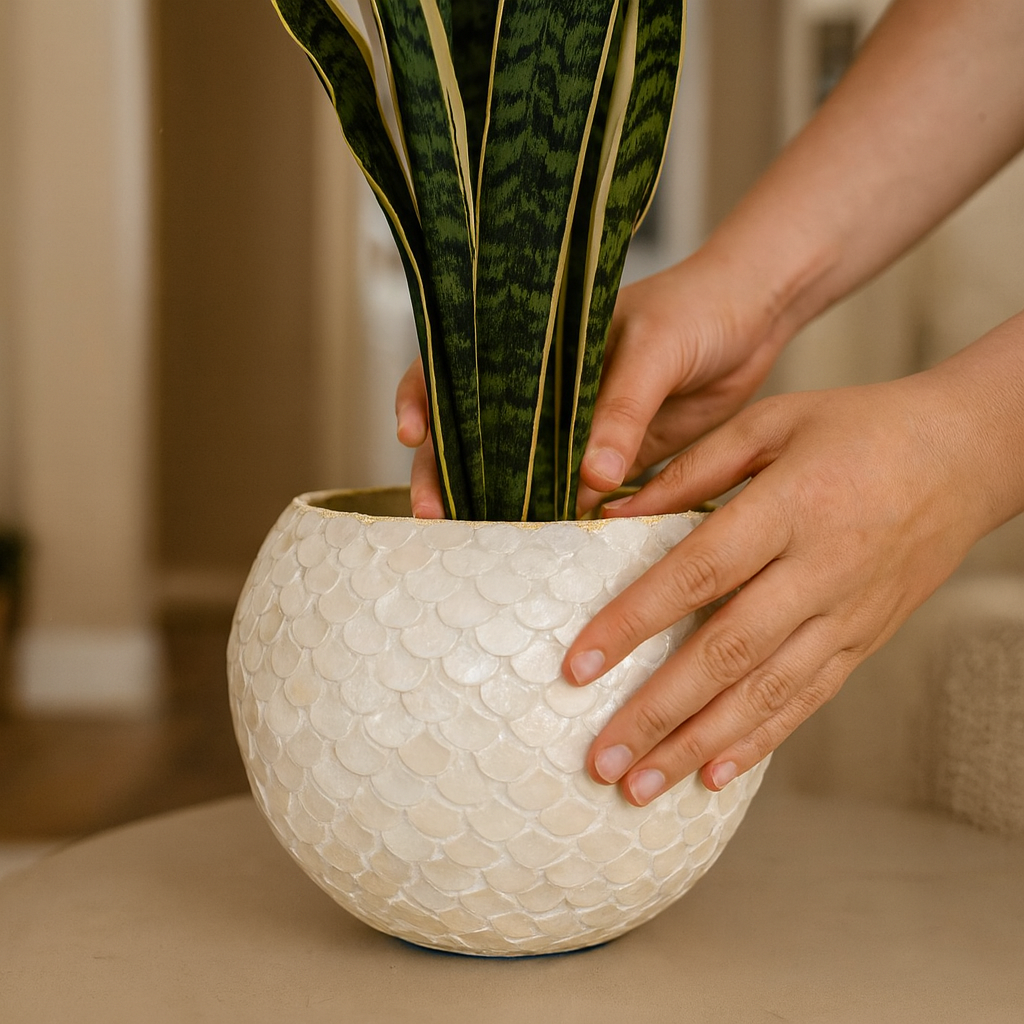 Artisan Mother of Pearl scalloped globe planter with decorative shell design, perfect for indoor or outdoor plants.
