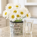 Luminous smoky pearl mosaic vase with intricate glass tile patterns, showcasing a stylish home décor accent.