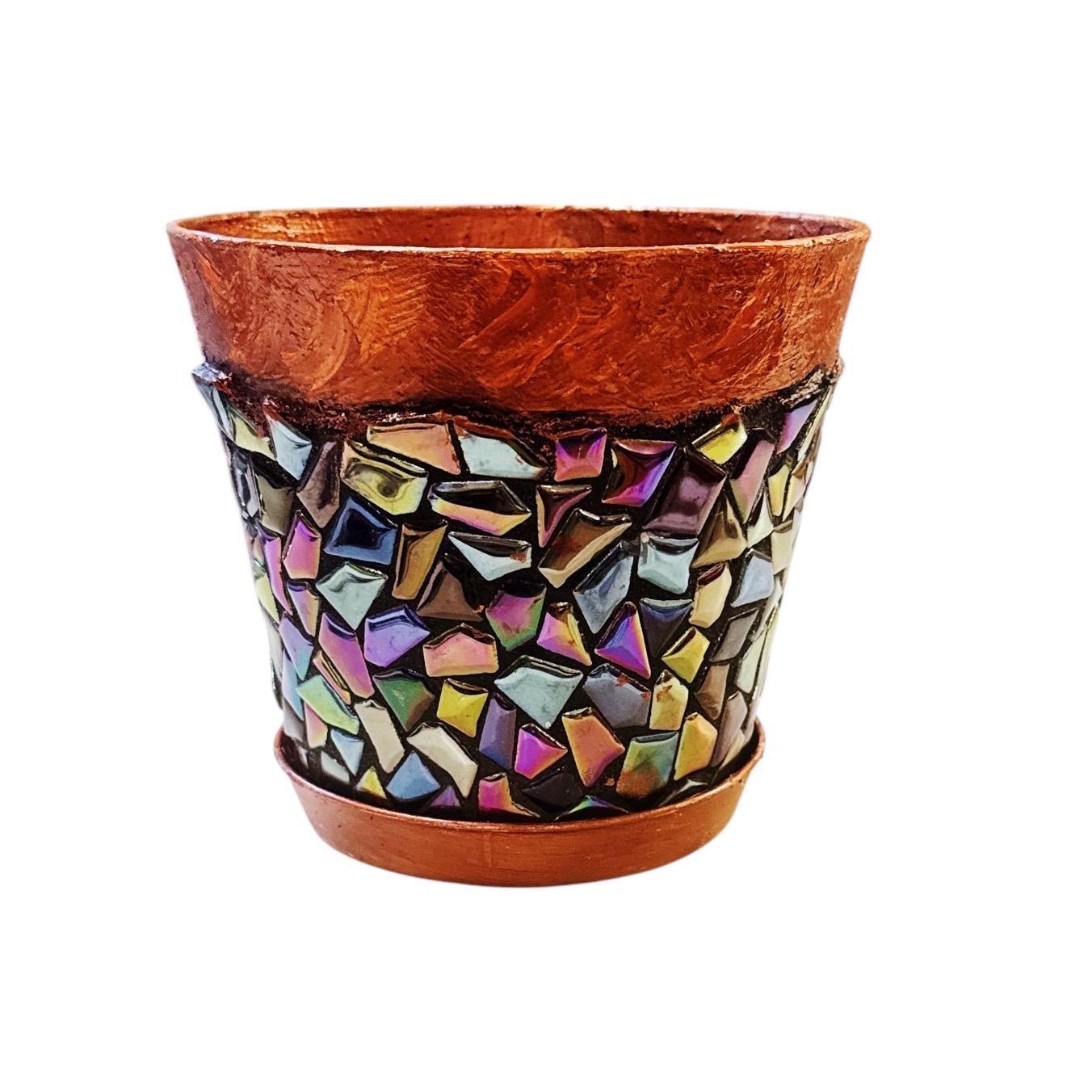 Iridescent mosaic planter with handcrafted design, featuring vibrant, shimmering tiles in a decorative outdoor or indoor setting.