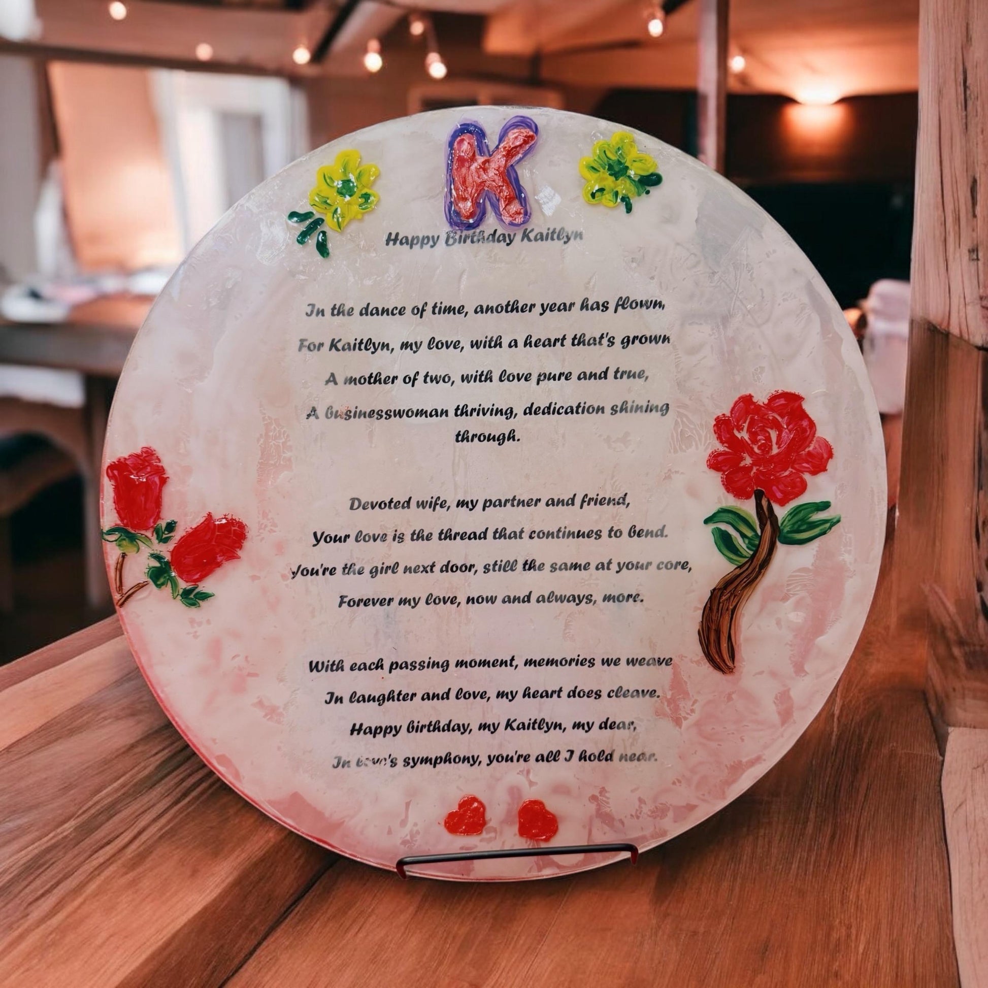 Custom poetry decorative piece featuring engraved script on a wooden plaque with elegant design details.