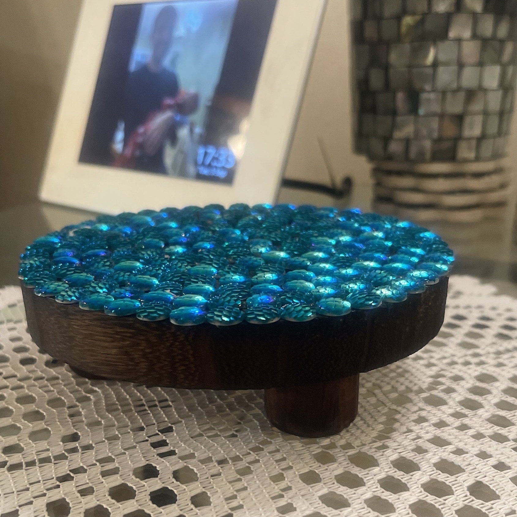 Turquoise cabochon mosaic plant stand by Miss Bette's Creations, featuring a colorful pattern and sturdy design for indoor plants.