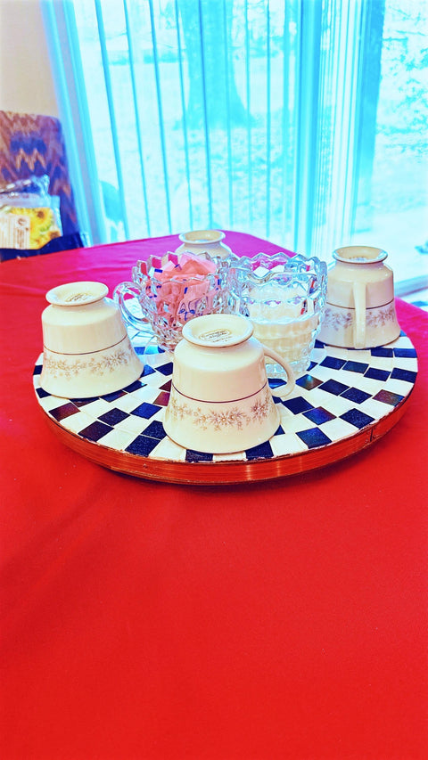Lazy Susan | Black and White| Mosaic Tray| Wood and Tile Lazy Susan | Rotating Centerpiece