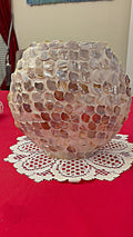 Handcrafted mother of pearl mosaic oval vase with intricate iridescent patterns and elegant design.