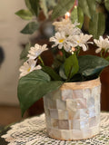 Handcrafted Mother of Pearl mosaic square planter with intricate design, perfect for indoor or outdoor gardening displays.