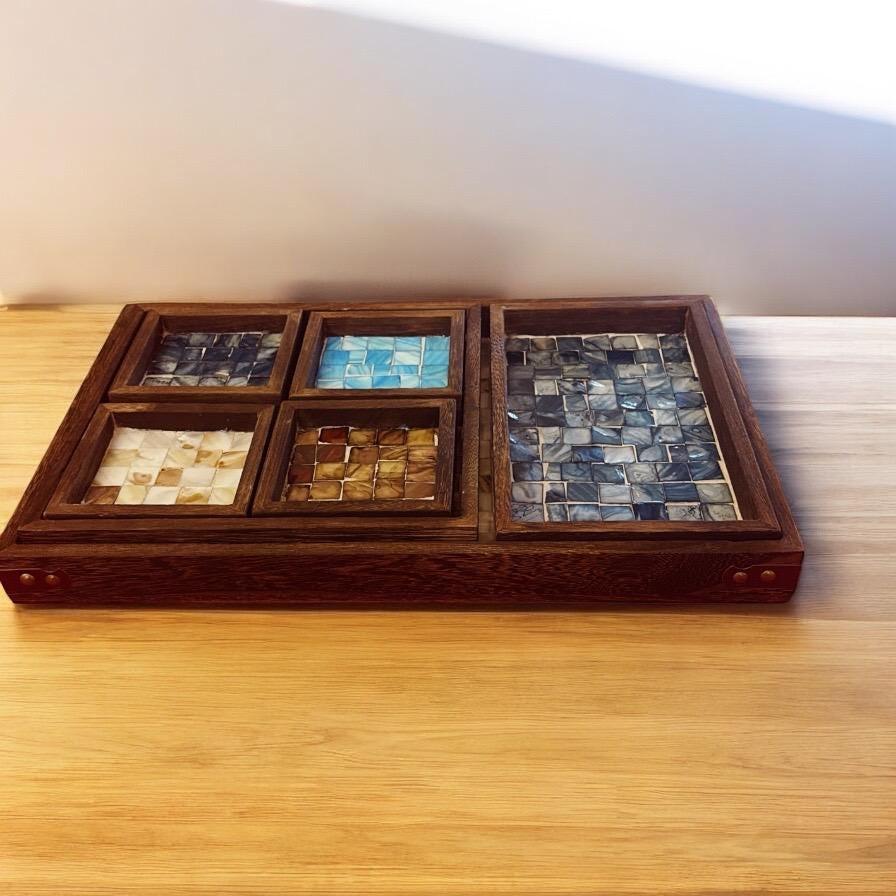 Multicolor cascade decorative wood tray with a vibrant, layered design for stylish home decor and serving.