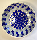 Blue and white stained glass bowl with intricate design, handcrafted by My Store, showcasing vibrant glasswork and detailed craftsmanship.