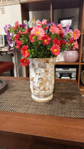 Handcrafted tapered mosaic vase with mother of pearl tiles, showcasing a detailed, elegant design perfect for decorative display.