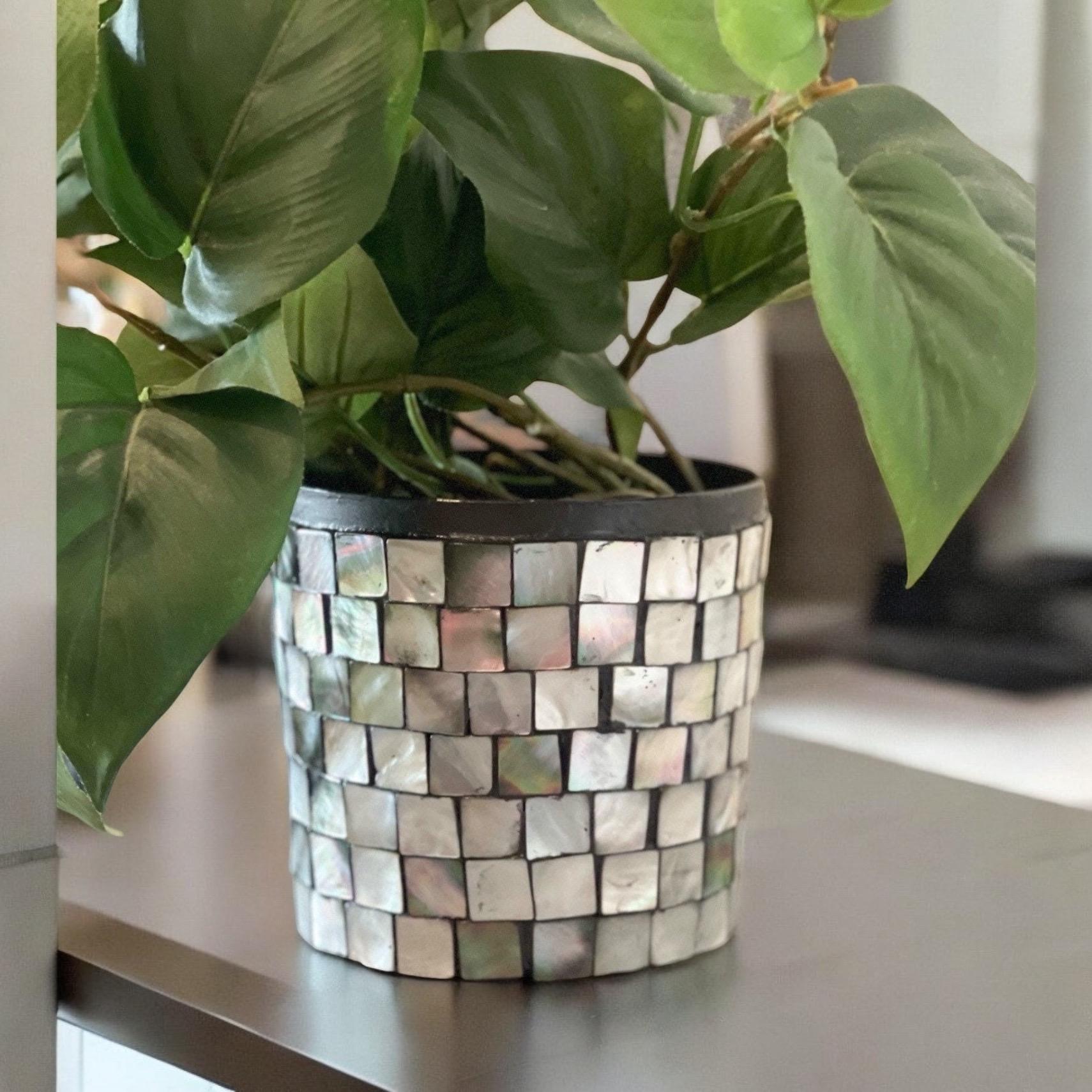 Luminous smoky pearl mosaic vase with intricate glass tile design, showcasing a sleek, elegant decorative piece.