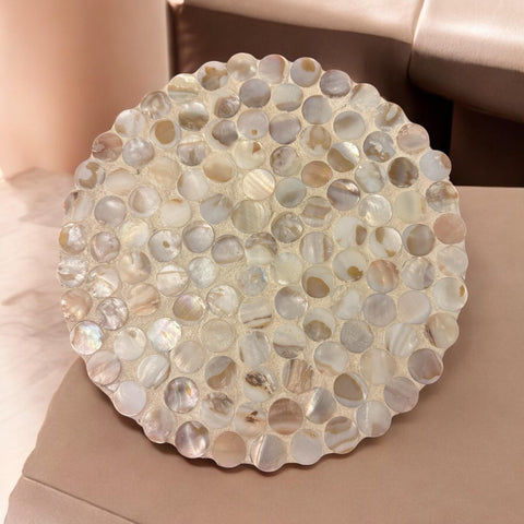 Scalloped Mother of Pearl Plant Stand | Round Tiles | 10” Round Stand | Wooden Plant Stand