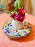 Colorful handcrafted polka dot rainbow mosaic plant stand by Miss Bette's Creations featuring vibrant tiles and sturdy design.