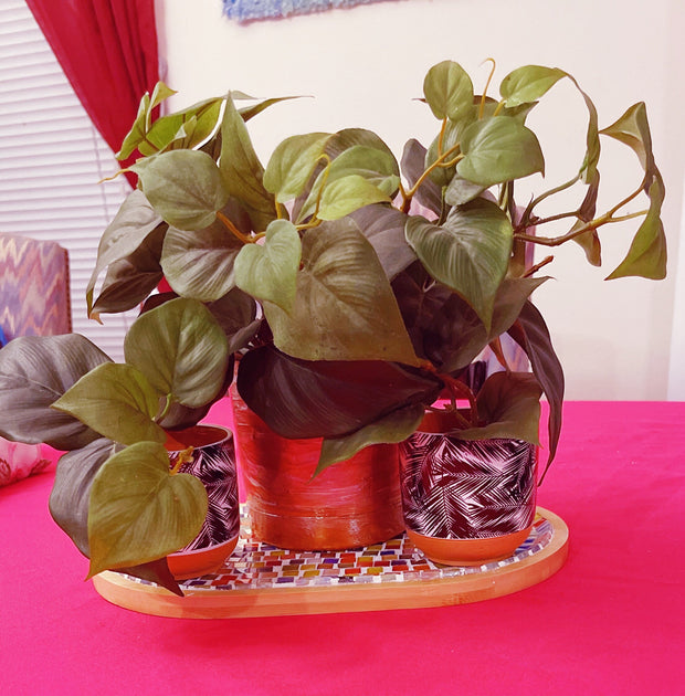 Plant Stand, Multi-Use Tray Wood and Mosaic Medium Size