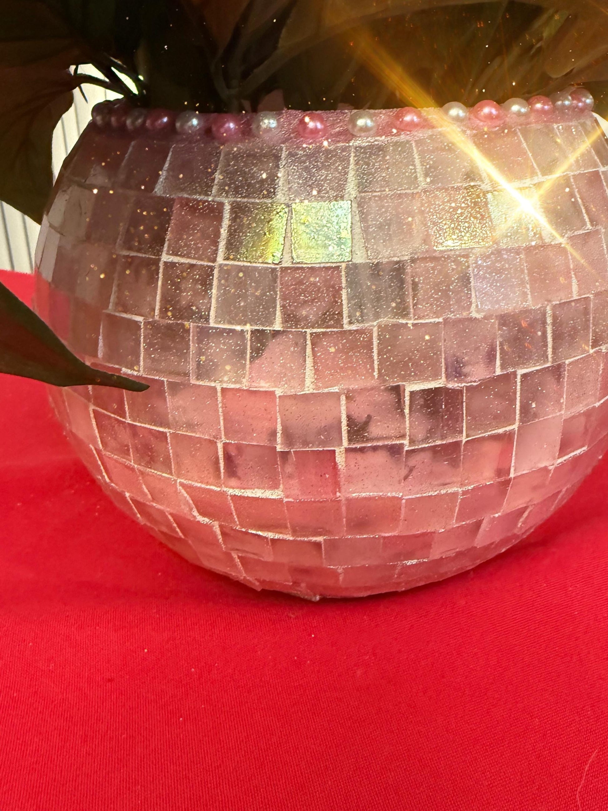 Blush rose mosaic globe vase with colorful glass tiles, round shape, decorative home décor piece.