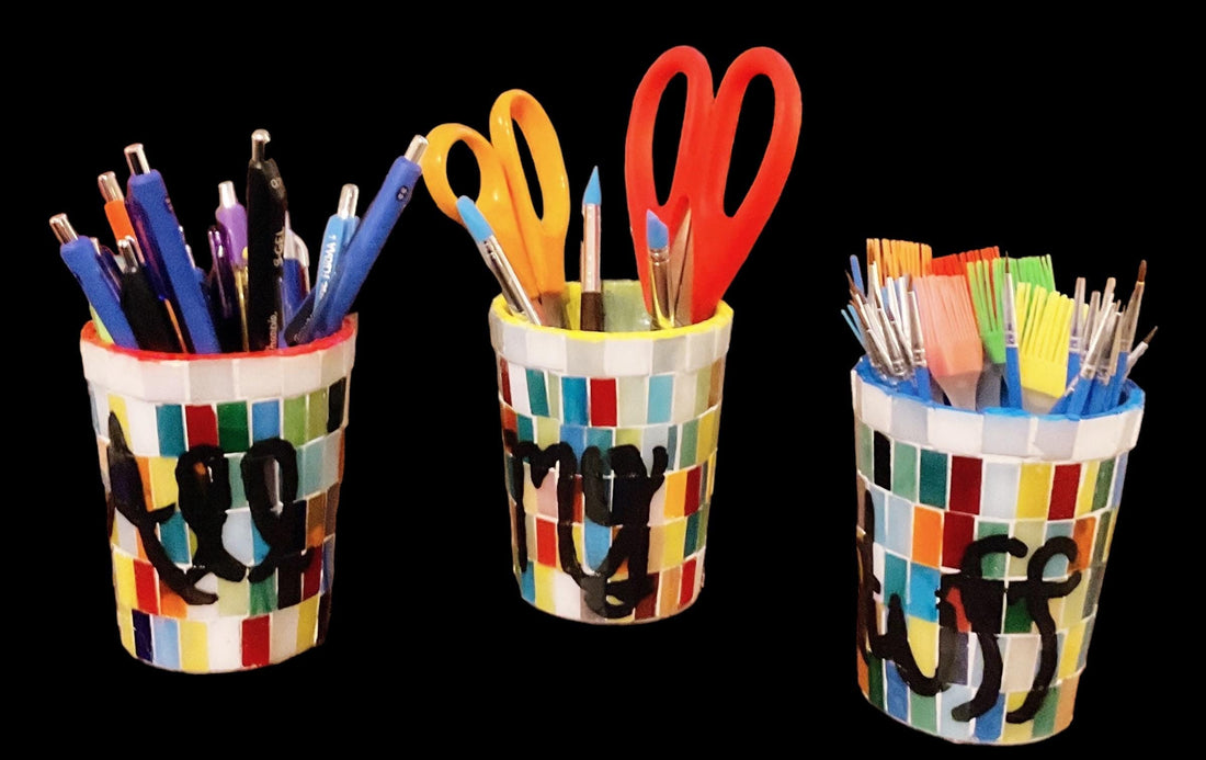 Set of 3 Miss Bette's Creations "All My Stuff" storage cups in assorted sizes, with colorful, labeled lids for organization.