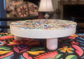 White rainbow mosaic plant stand with handcrafted design, featuring colorful mosaic tiles and sturdy white base.