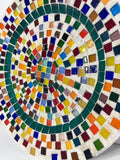 Colorful handcrafted rainbow tile decorative plate with vibrant geometric patterns, perfect for wall display or tabletop decor.