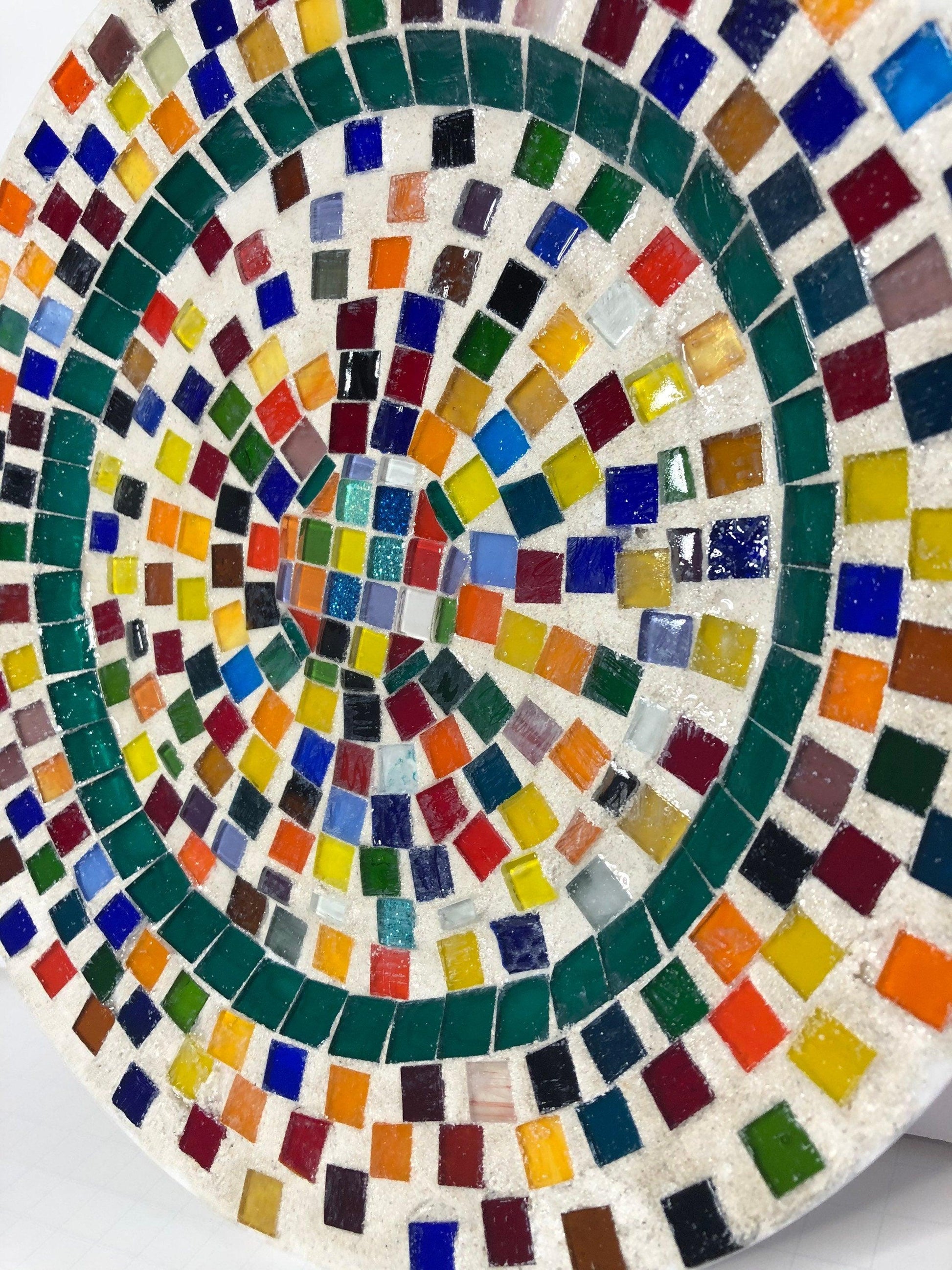 Colorful handcrafted rainbow tile decorative plate with vibrant geometric patterns, perfect for wall display or tabletop decor.