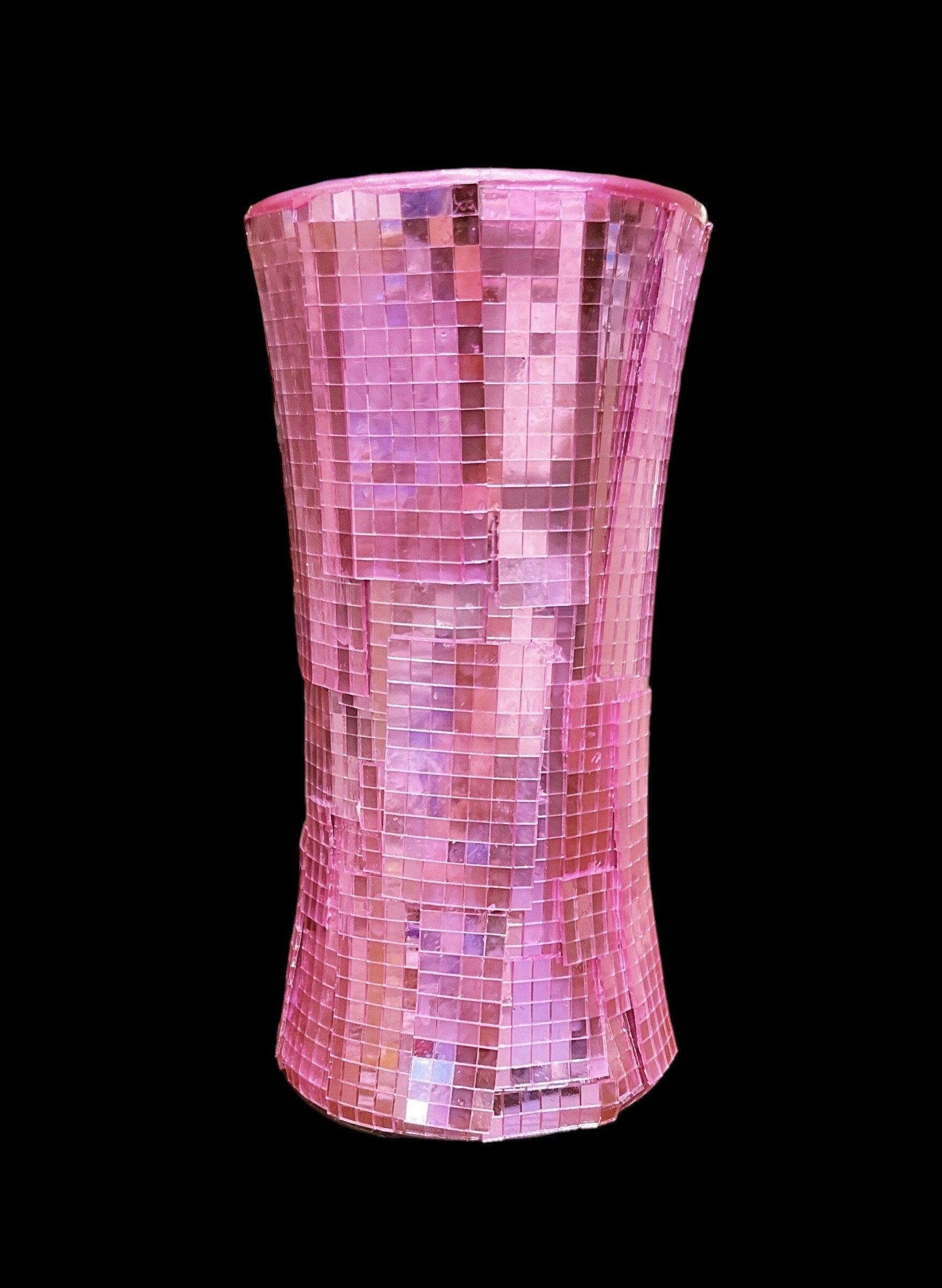 Handcrafted pink disco ball mirror vase with reflective surface and decorative design, ideal for modern home decor.