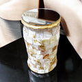 Handcrafted tapered mosaic vase with mother of pearl inlay, featuring intricate mosaic design and a smooth, tapered shape.
