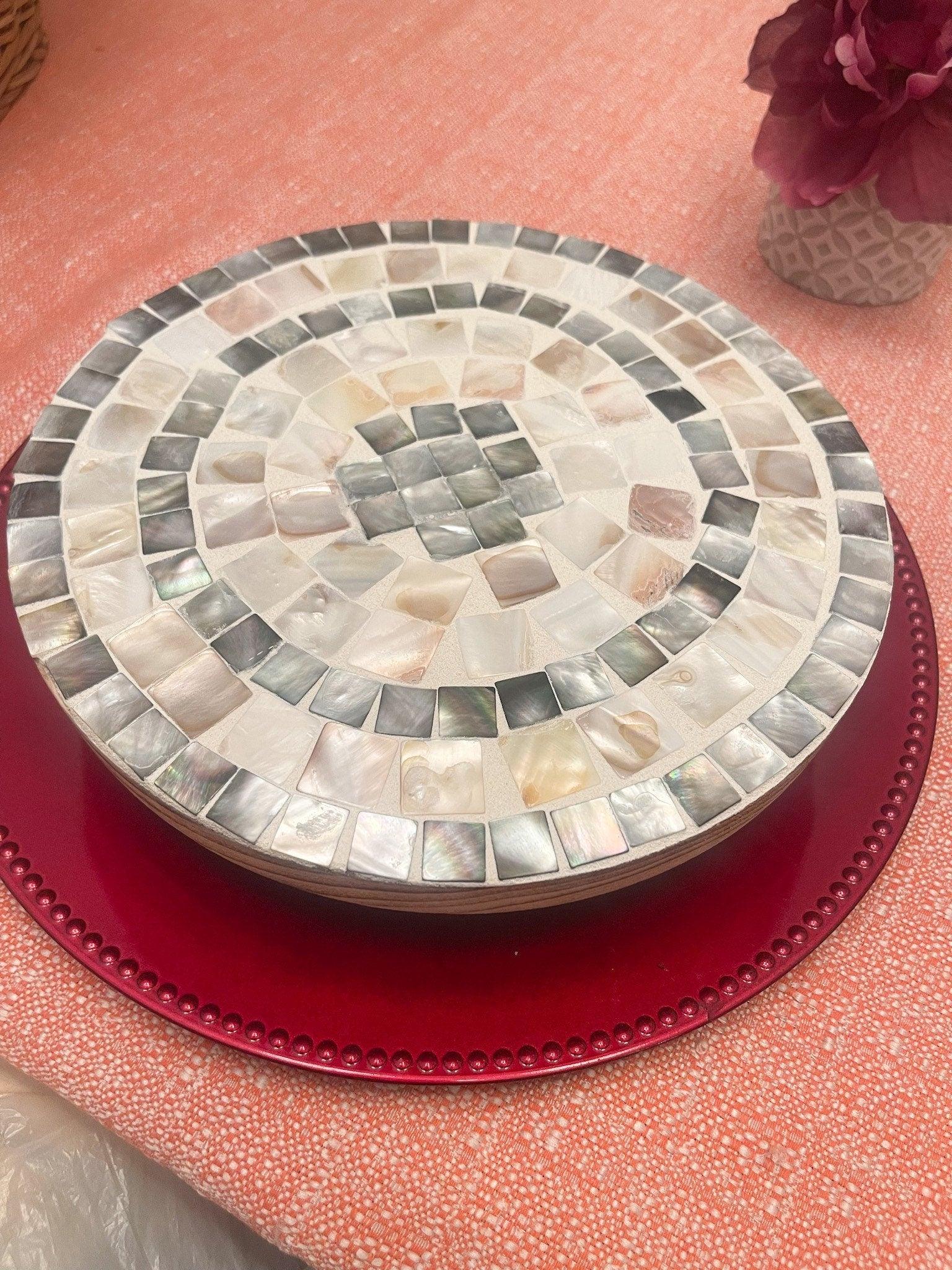 Handcrafted wooden mosaic plant stand with colorful tile design, perfect for displaying indoor or outdoor potted plants.