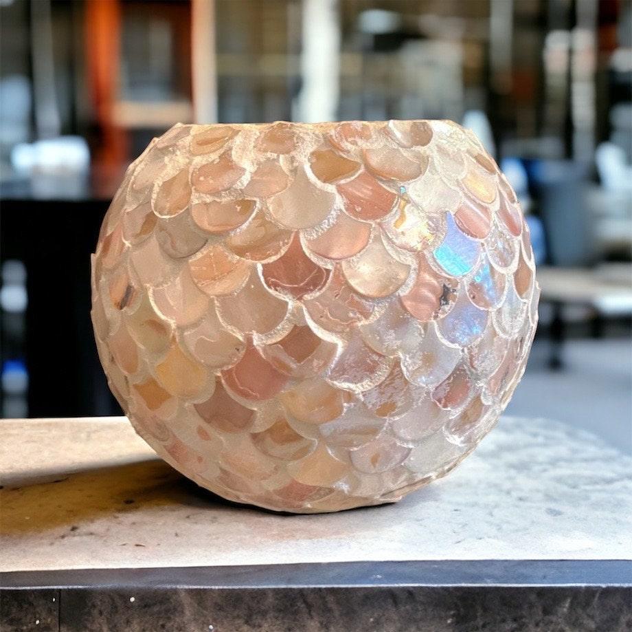 Artisan Mother of Pearl scalloped globe planter with intricate shell design, perfect for indoor or outdoor plants.