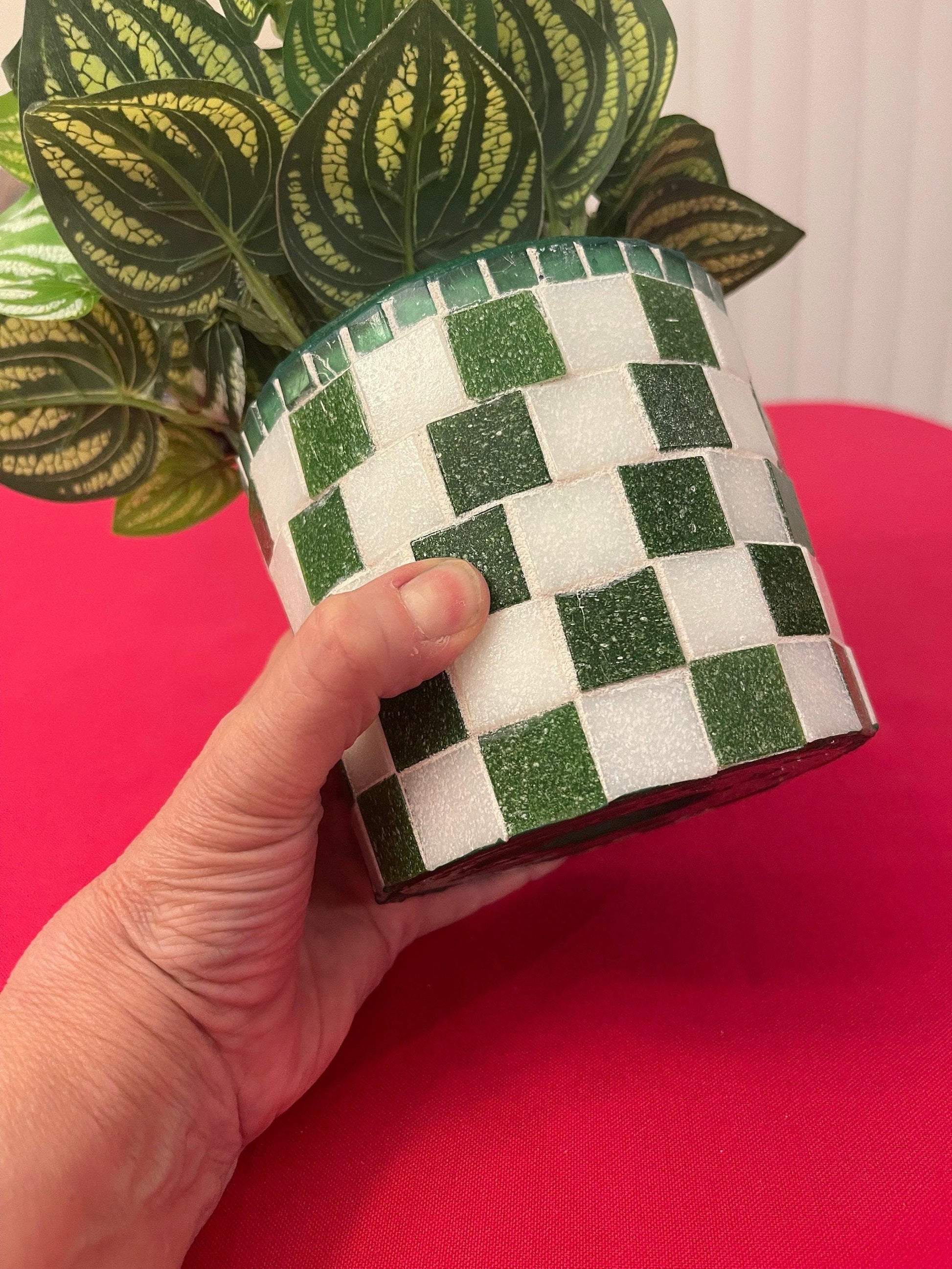 Modern green and white checkerboard mosaic herb planter with a rectangular shape and decorative design.